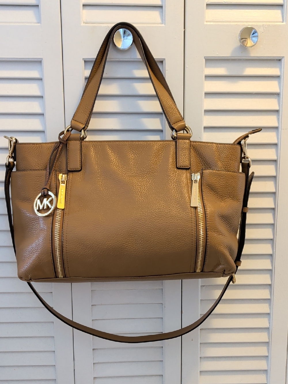 Michael Kors Brown Pebbled Leather Shoulder Tote with Gold Accents
